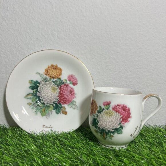 Vintage Norcrest Fine China Tea Cup Saucer‎ Set November Chrysanthemum - Picture 1 of 9